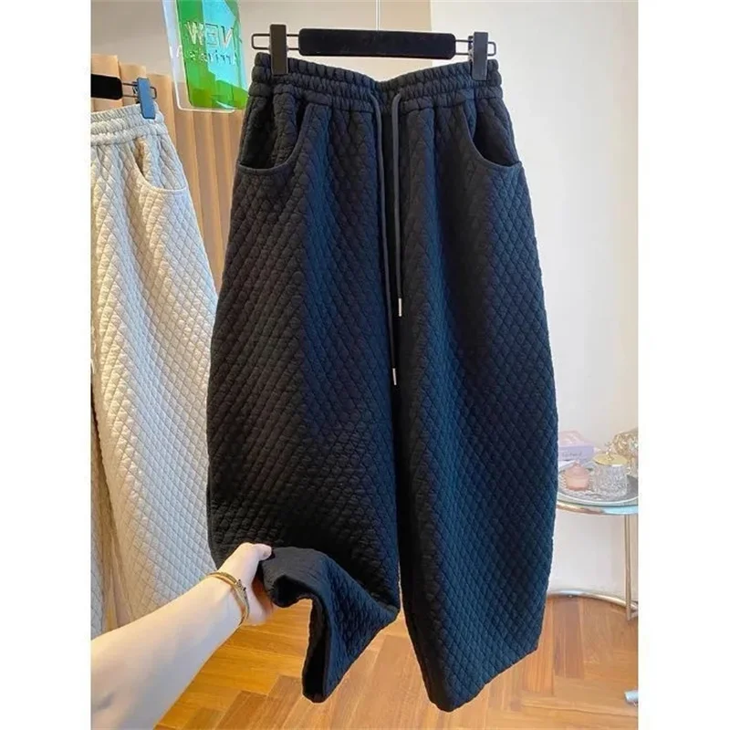 Autumn Lady Diamond‑Quilted Padded Harem Pants Elastic Drawstring Waist Wide‑Leg Trousers Large Size 4XL Pockets Warm Sweatpants