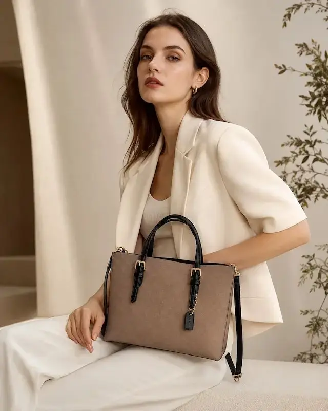 Taupe and black structured handbag with top handle and crossbody strap.