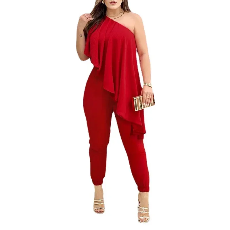 Kombinezony damskie Temperament 2023 z asymetrycznym dekoltem i falbankami dla kobiet