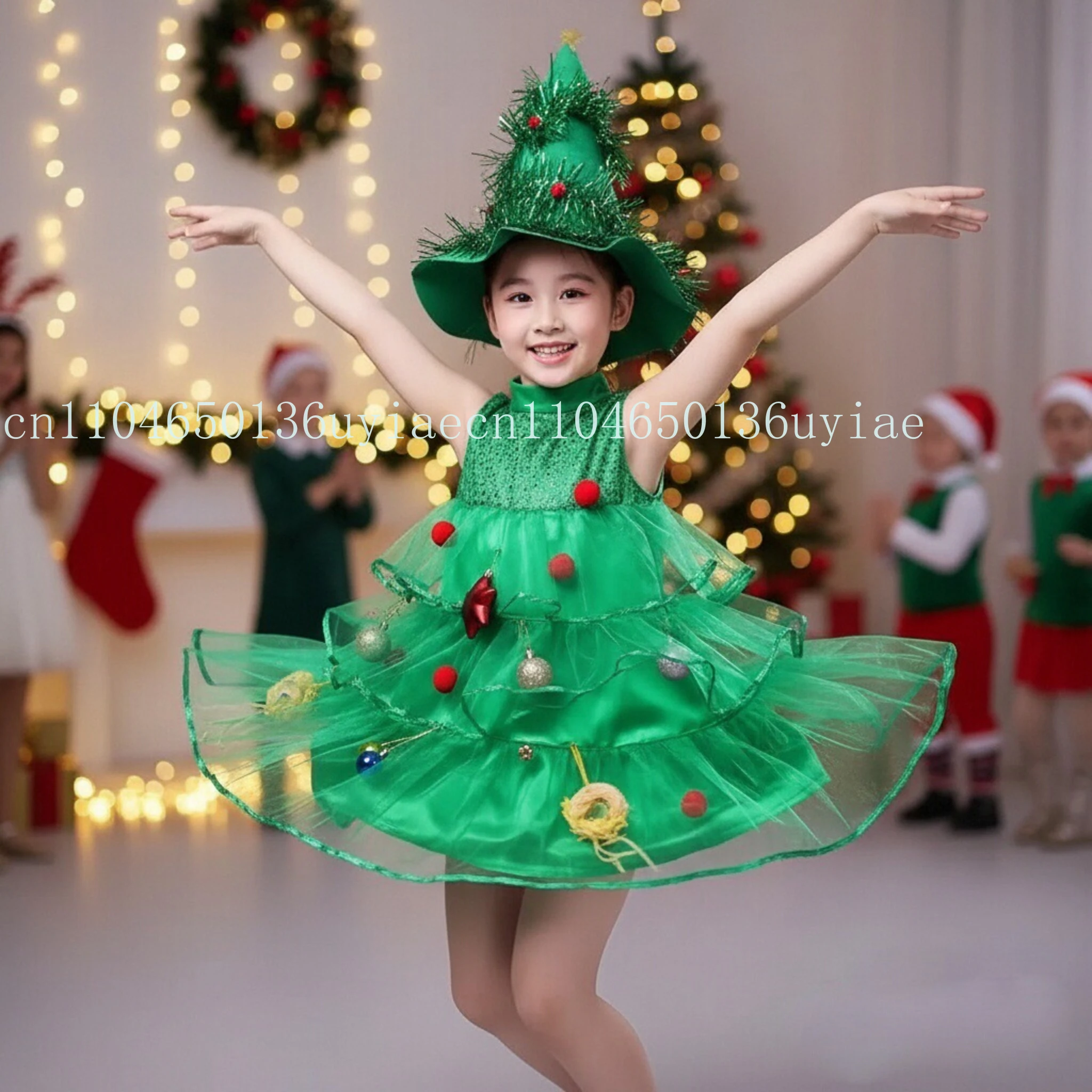 

2-12 Yrs Fancy Christmas Tree Dress for Little Girls Xmas Party New Year Frock Kids Santa Claus Lovely Pinetree Ball Gown