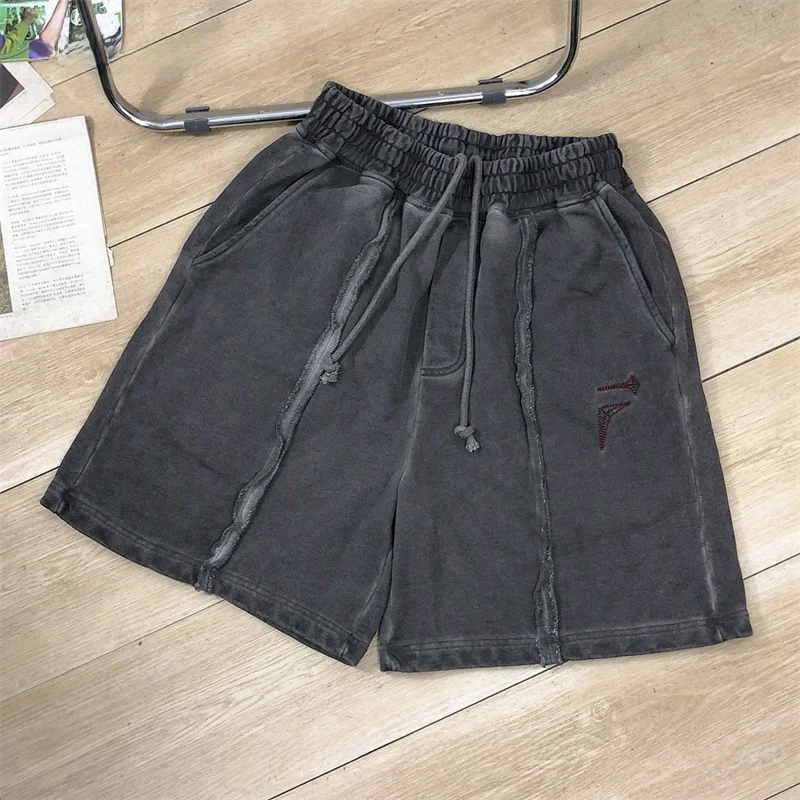 

Vintage Washed Cotton Workwear Five-Quarter Pants Turned Embroidery Youthful Energy Style Straight Leg Summer Casual