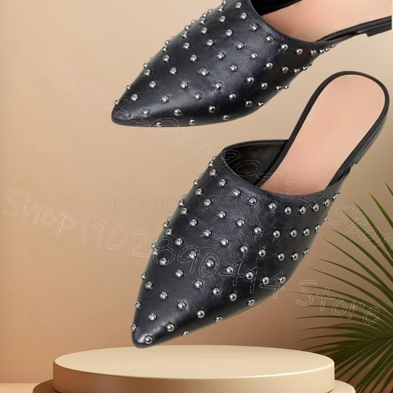 

Silver Round Rivets Black Pointed Toe Slippers Slip On Women Shoes Low Top Fashion Party Banquet Dating 2025 Zapatos Para Mujere
