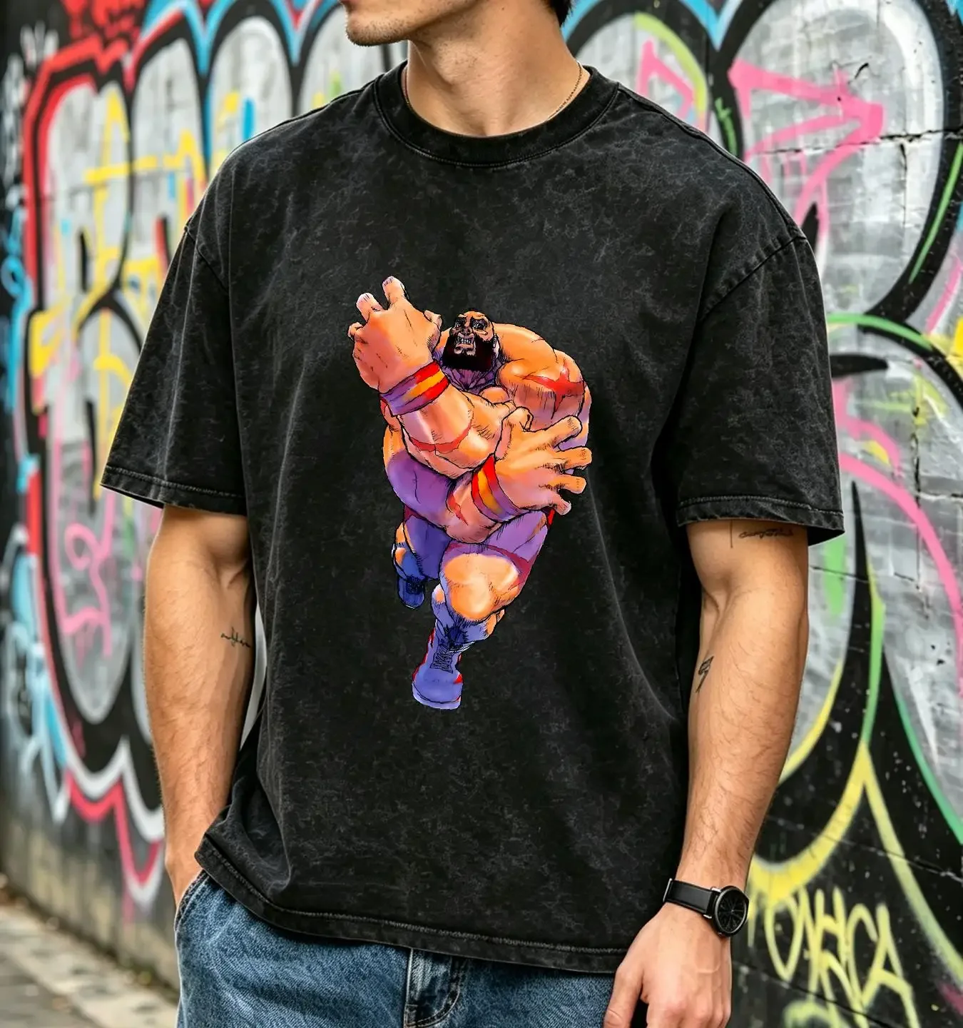 washed T Shirt Zangief Super Street Fighting 2 Turbo Premium Vectorized Design long or short sleeves vintage Washed Soft