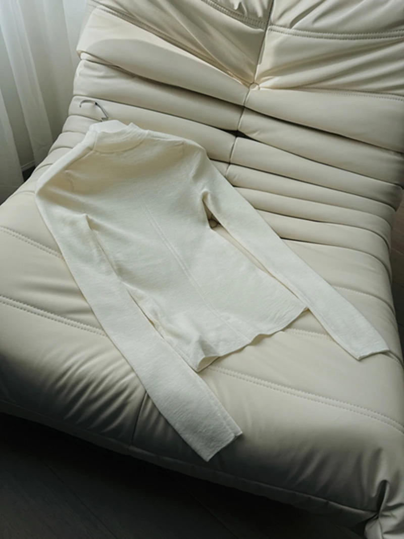 

Элегантный вязаный топ из 100% шерсти с высоким воротником и длинными рукавами, белый, облегающий, универсальный, базовый трикотаж