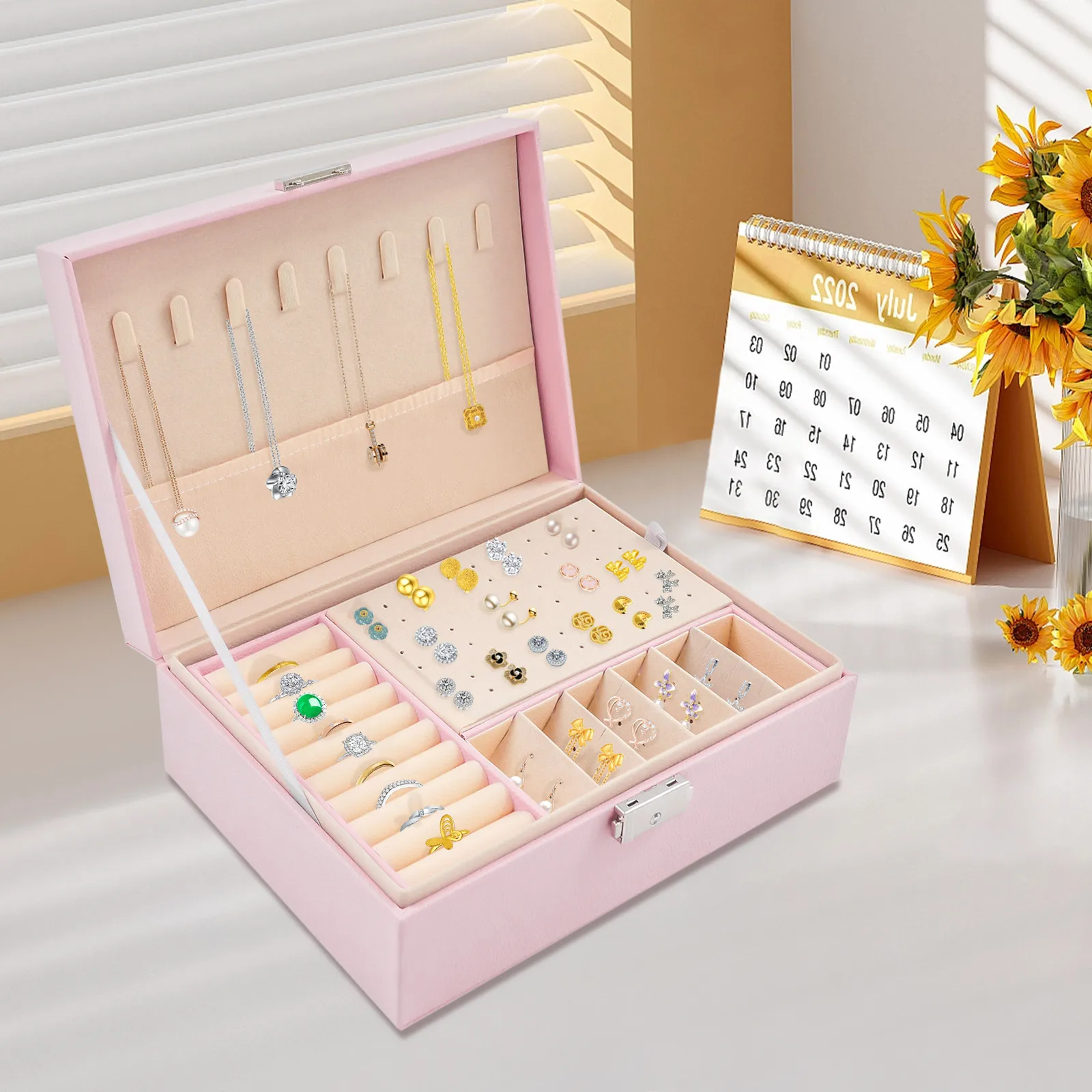 2-lagige abschließbare Schmuckaufbewahrungsbox mit herausnehmbaren Trennwänden, Schreibtisch-Organizer für Ringe, Ohrringe, Armbänder, Halsketten, Broschen, für den täglichen Schmuckaufbewahrungszweck auf dem Schminktisch zu Hause. – Detail 17