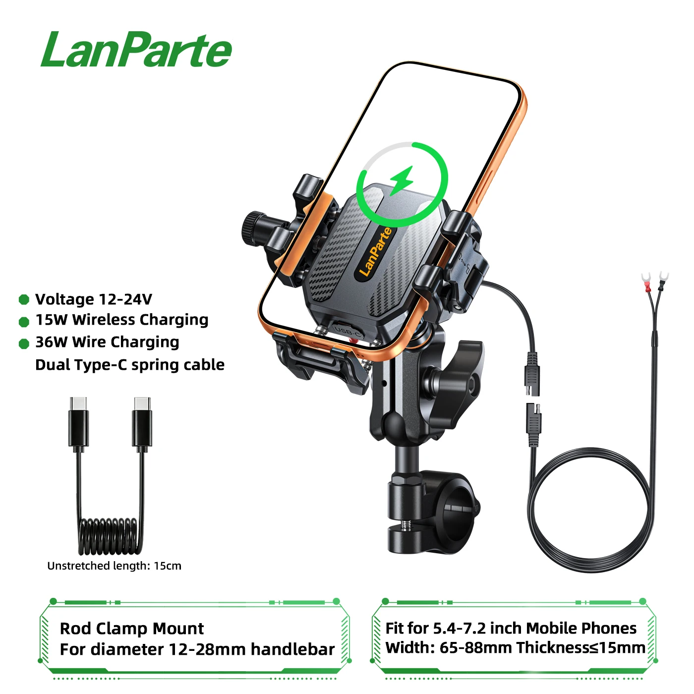 

Apex Rush Motorcycle Phone Holder 15W Wireless Charger 36W USB C Fast Charging 4 Shock Absorbers Bike Scoote ATV Phone Stand