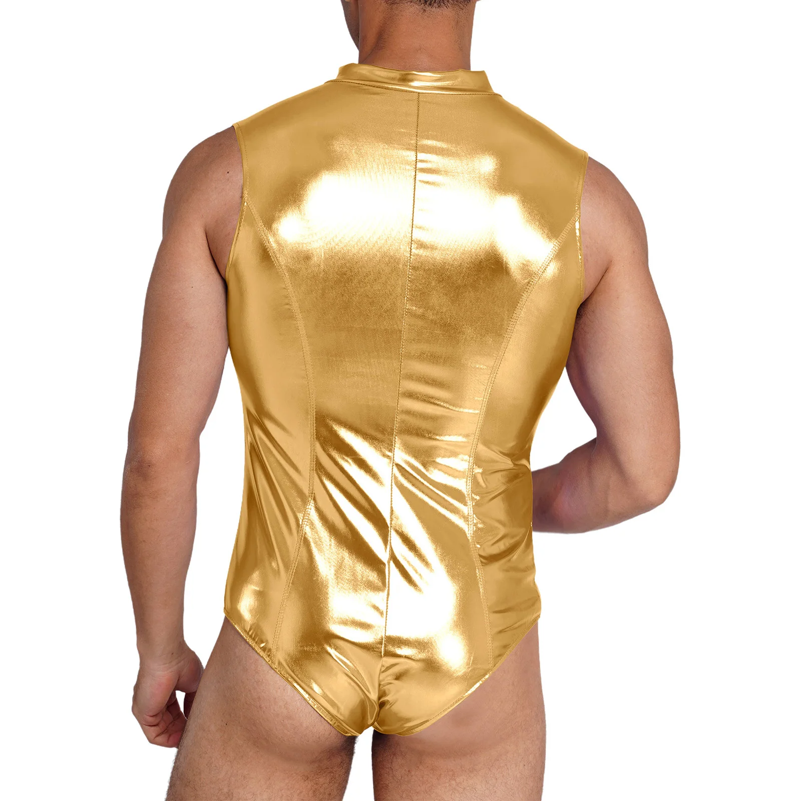 Swimwear Mens Metallic Shiny One Piece Swimsuit Clubwear Front Zip-up Leotard Bodysuit Swimming Bathing Suit for Rave Party