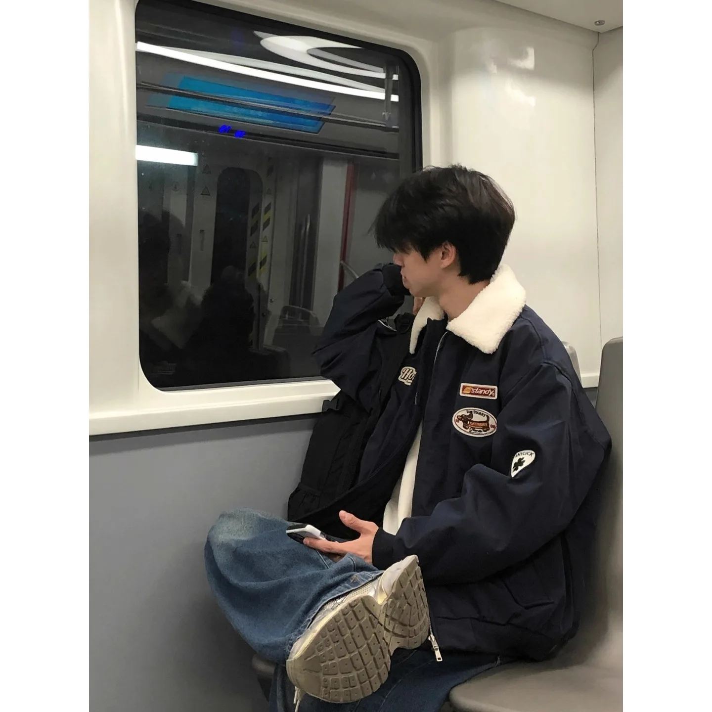 

Autumn Winter Large Size Men's Fce Lined Thiened Loose Baseball Jaet American Sle Lamb Velvet Collar Cotton Coat for...