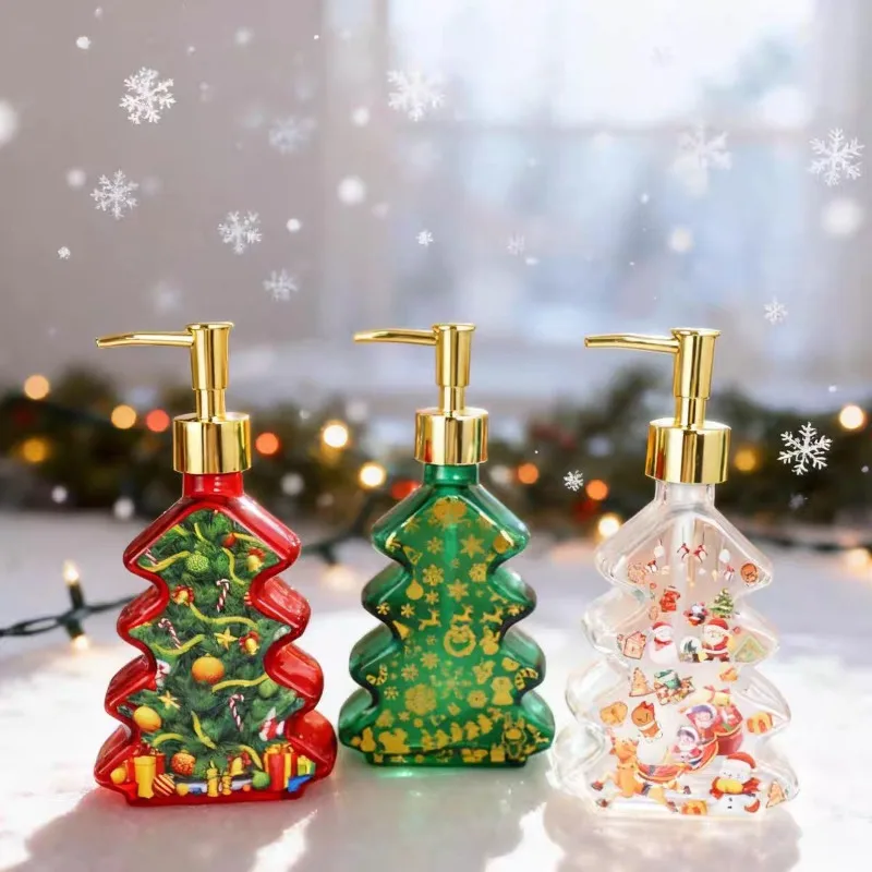 Dispenser di sapone in vetro a forma portatile Bottiglia riutilizzabile per vasca da bagno vuota a forma di albero di Natale Bottiglia di stoccaggio per decorazioni natalizie