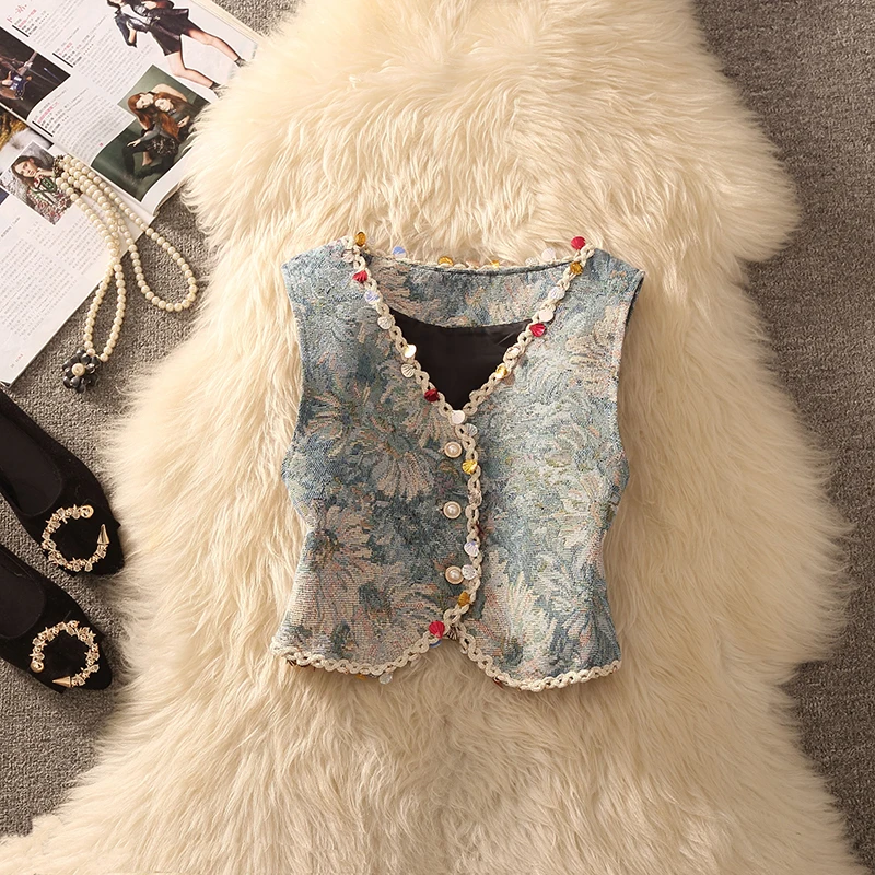 Retro Embroidered Beaded Vest Women's Sleeveless V-neck Button up Top Spring 2026 Commute Style Short Length Floral Pattern