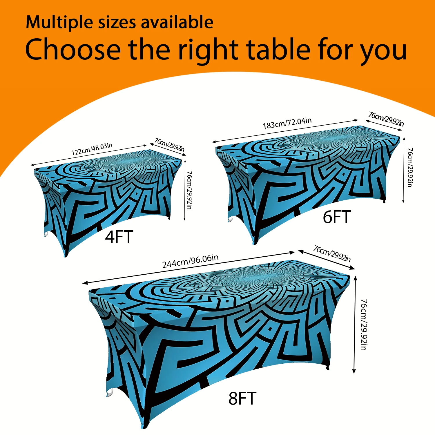 1PC Summer Outdoor Elastic Tablecloth, Blue Maze Pattern Digital Print, 4/6/8FT Rectangular Stretchable Table