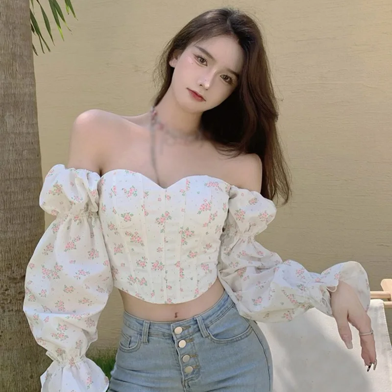 Elegant Puff Sleeve Floral Crop Top Off The Shoulder Women\'s Blouse Shirts Slim Fit Long Sleeve Casual T-Shirts All-Match Outfit