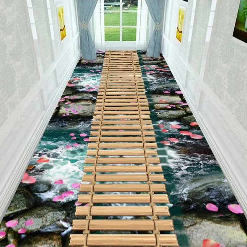 VIKAMA 3D Stream Wooden Bridge Corridor Rug, Non-Slip Washable Long Runner Mat for Entryway Kitchen Living Room Home Decor