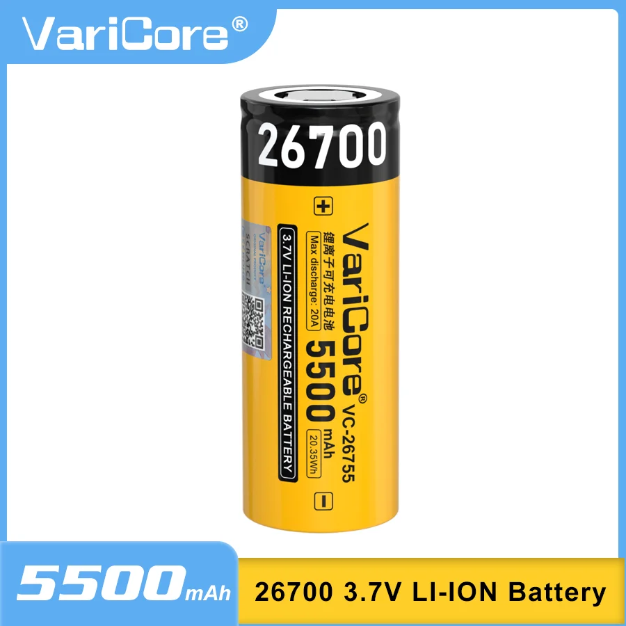 

VariCore VC-26755 26700 Lithium Battery 3.7V 20A Discharge 5500mAh Large Capacity Rechargeable Lithium Battery for Flashlight