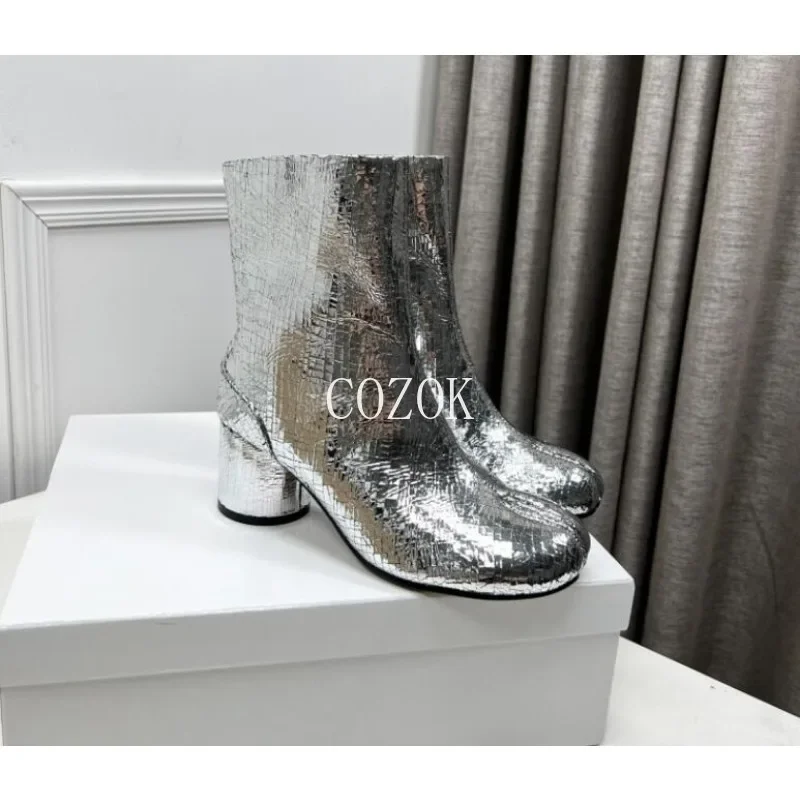 2024 markowe buty Tabi z rozciętym noskiem gruby obcas damskie skórzane Zapatos Mujer Fashion Autumn Women Botas Mujer