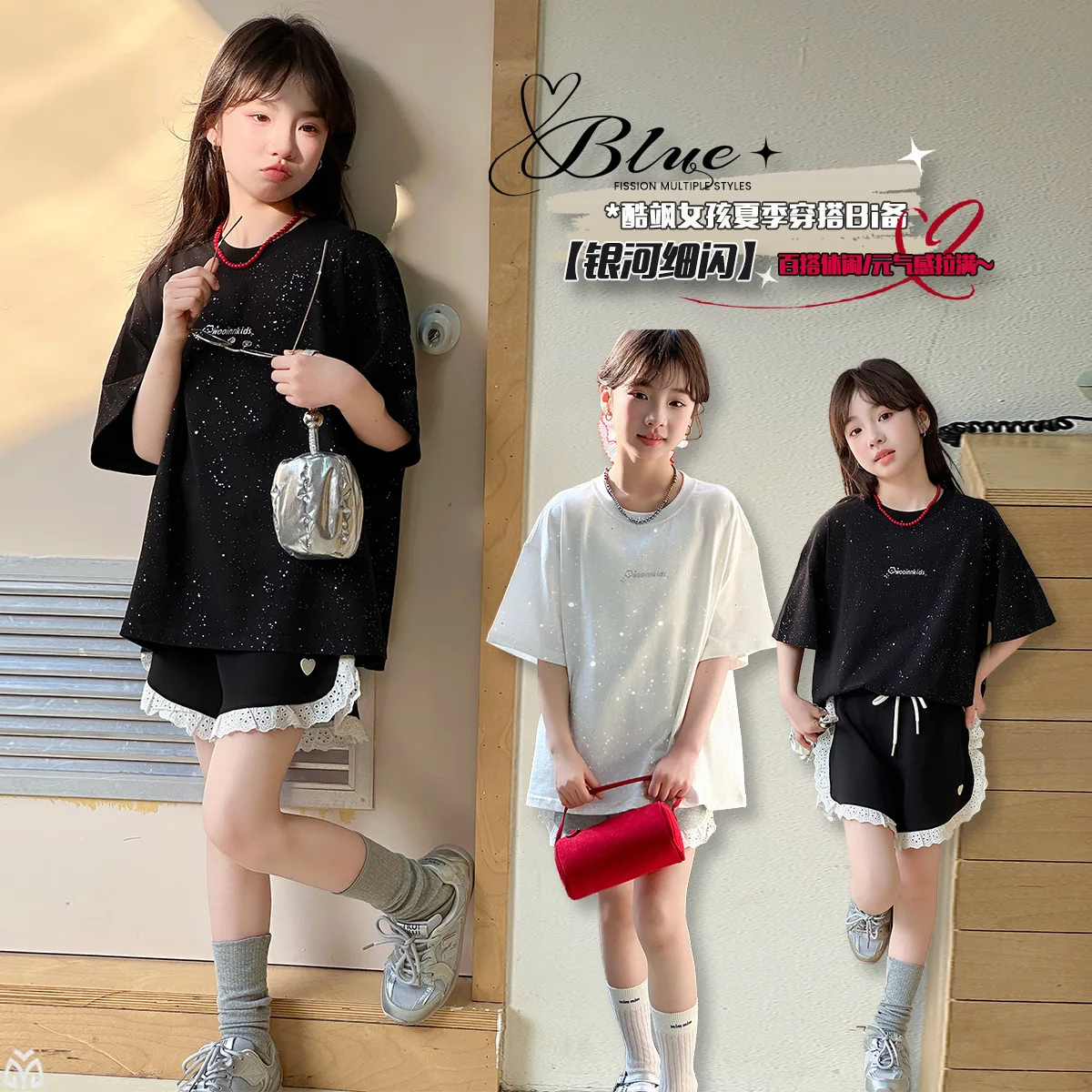 summer-teen-girl-shiny-sportswear-clothes-set-short-sleeve-t-shirt-lace-shorts-2pcs-junior-kid-sport-clothing-suit-child-outfits