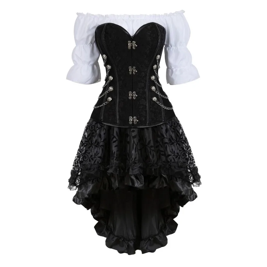 

Steampunk Corset Dress Gothic PU Leather Bustier Top Renaissance Blouse With Burlesque Skirt Three-Pieces Set Pirate Costume