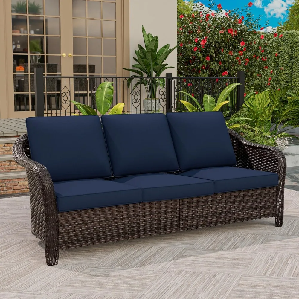 

77 inch Outdoor Wicker 3 Seater Sofa, All-Weather Use Patio Rattan Sofa with Seat and Back Cushion, Ideal for Porch