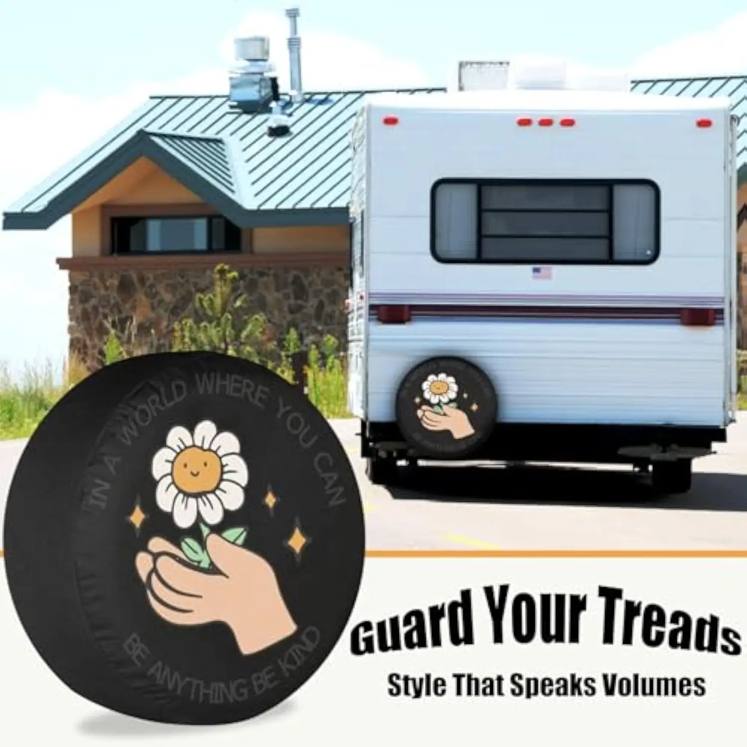 Be Kind Daisy Flower Spare Tire Cover Kindness Quote RV Trailer Accessory Weatherproof