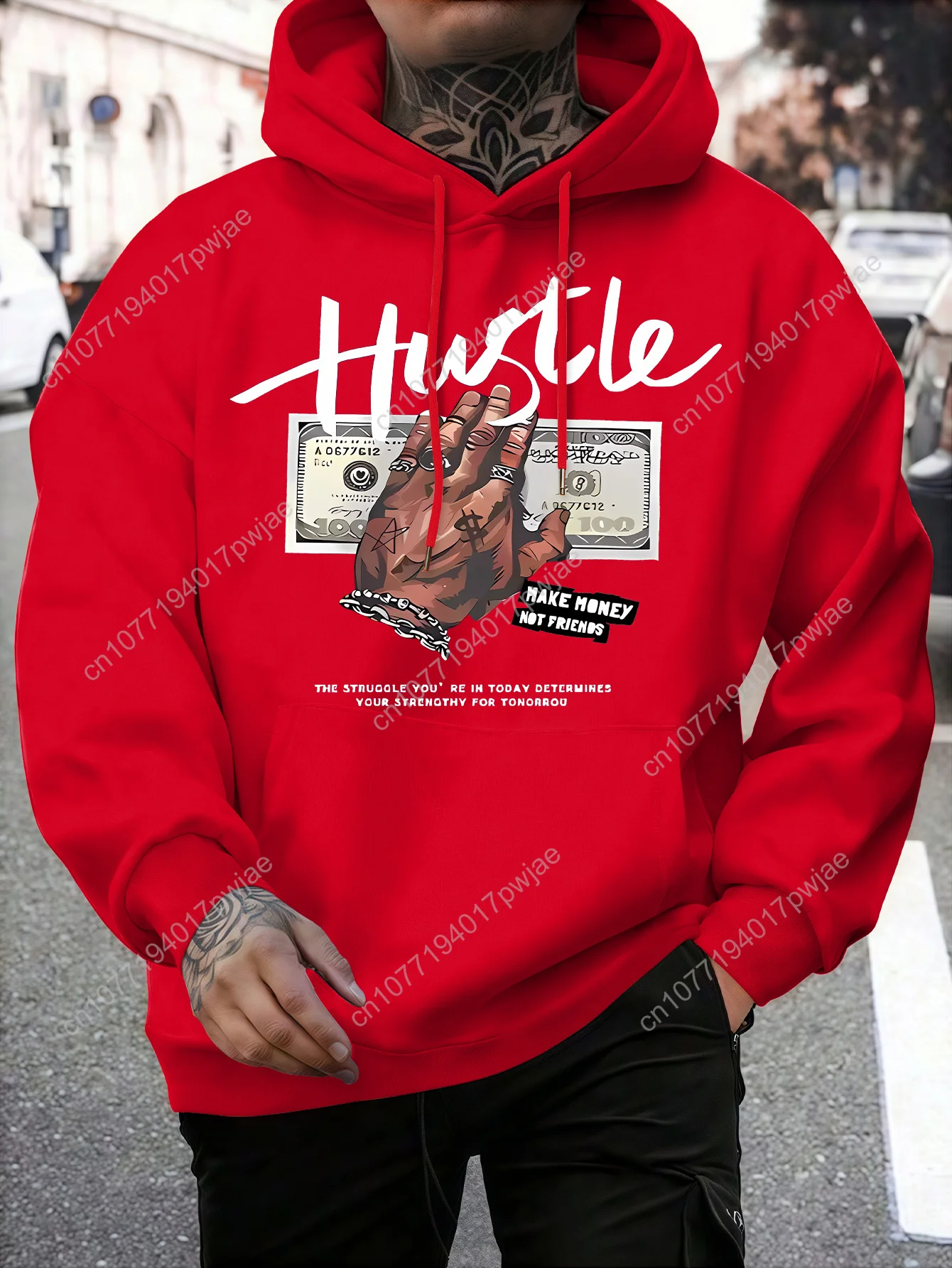 [Sudadera com capuz Hustle elegante] Moletom com capuz gráfico "Hustle" masculino estiloso |   Pulôver preto com nota de dólar e estampa manual, roupa de inverno quente