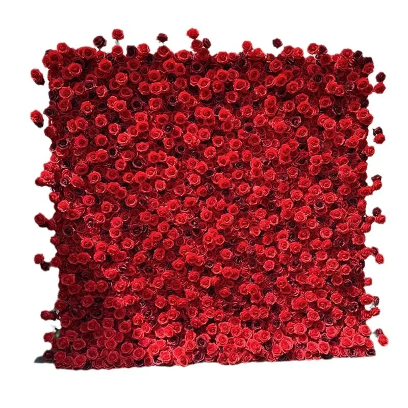 Blumenwand mit Stoffboden, künstliche rote Rosen, grüne Pflanzen, florale Hintergrundwand, Hintergrundwand für Hochzeitskleider