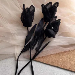 2Pcs Embroidery Lace Beige Black 3D Rose Flower Patches Fabric Dress Bags Decor DIY Sewing Repair