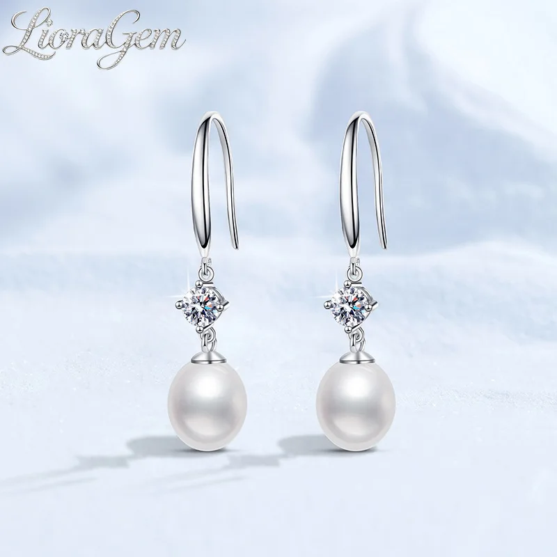 LioraGem Natural Freshwater Pearl 9mm Pendant Earrings with Hooks, Moissanite Women's Versatile Earrings Platinum PT950 Stamp