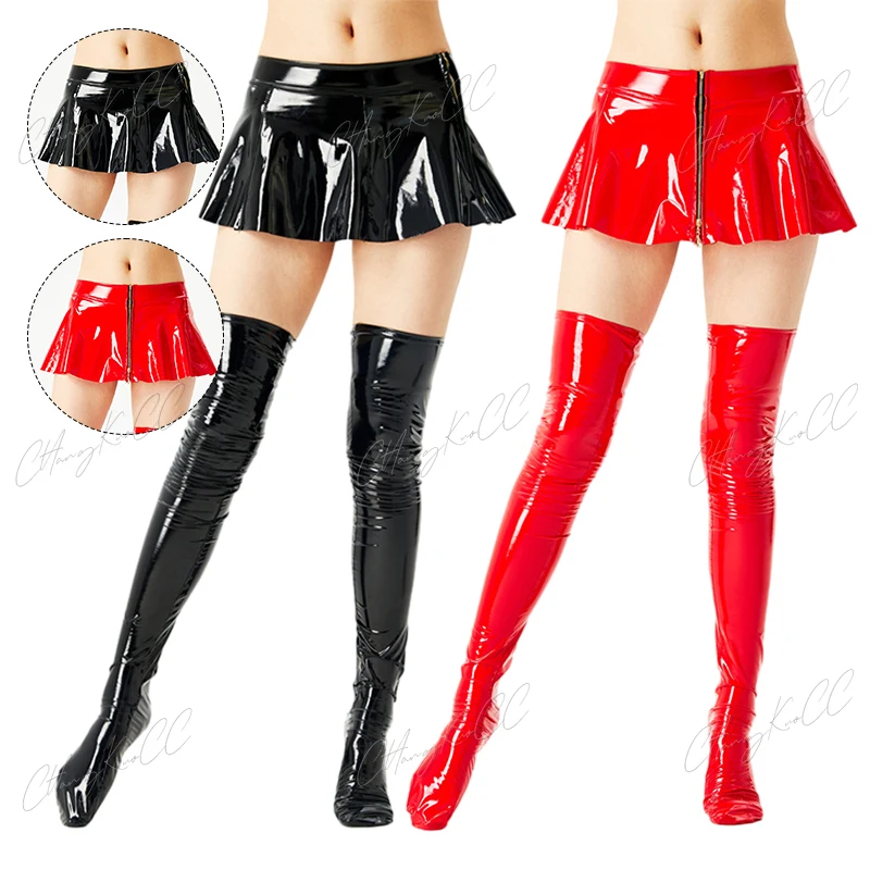 Women Sexy Ultra Short Mini Pleated Skirt Wet Look PU Miniskirt Zipper Open Oil Shiny Club Skirt Nightwear Clubwear Lingeries