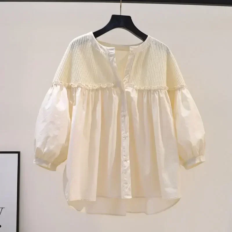 

Sweet Casual 3/4 Sleeve Shirt Korean Knitted Patchwork Summer Edible Tree Fungus Female Clothing Single-breasted O-Neck Blouse