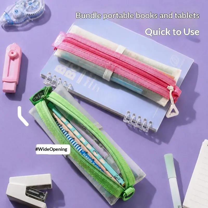 Transparent Mesh Pencil Pouch With Adjustable Binding Strap Dual Zippers For Students School Daily Stationery Organization