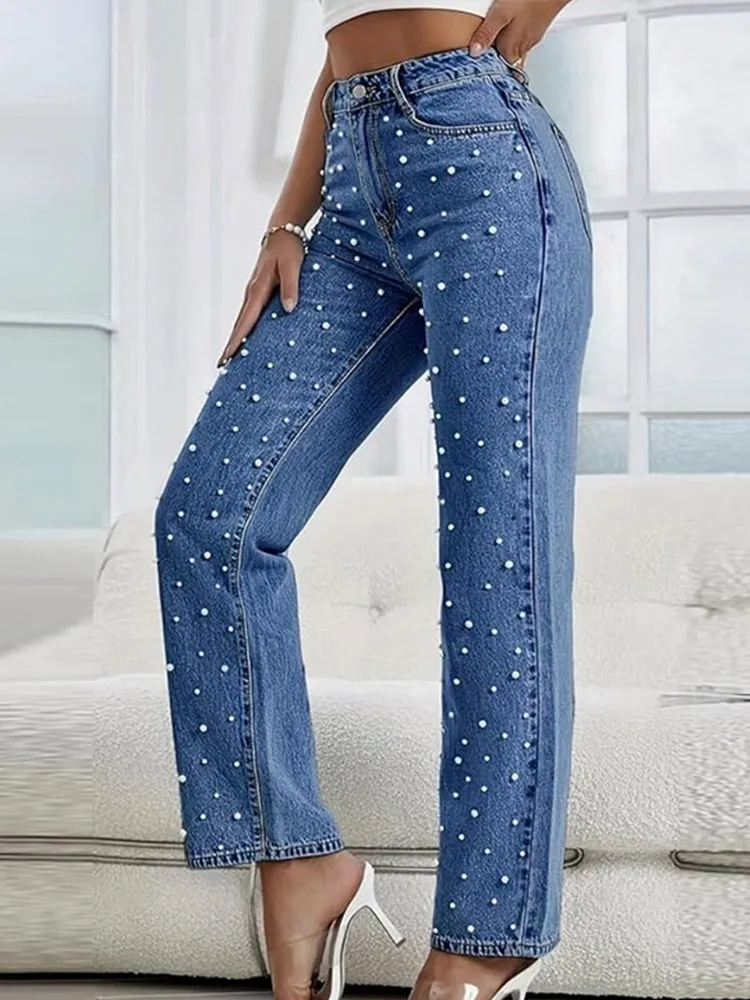 Chic Pearl DENIM กางเกงผู้หญิงสูงเอว Baggy ตรง Baggy กางเกงยีนส์ Lady Elegant แฟชั่น Streetwear Casual Office กางเกงทํางาน