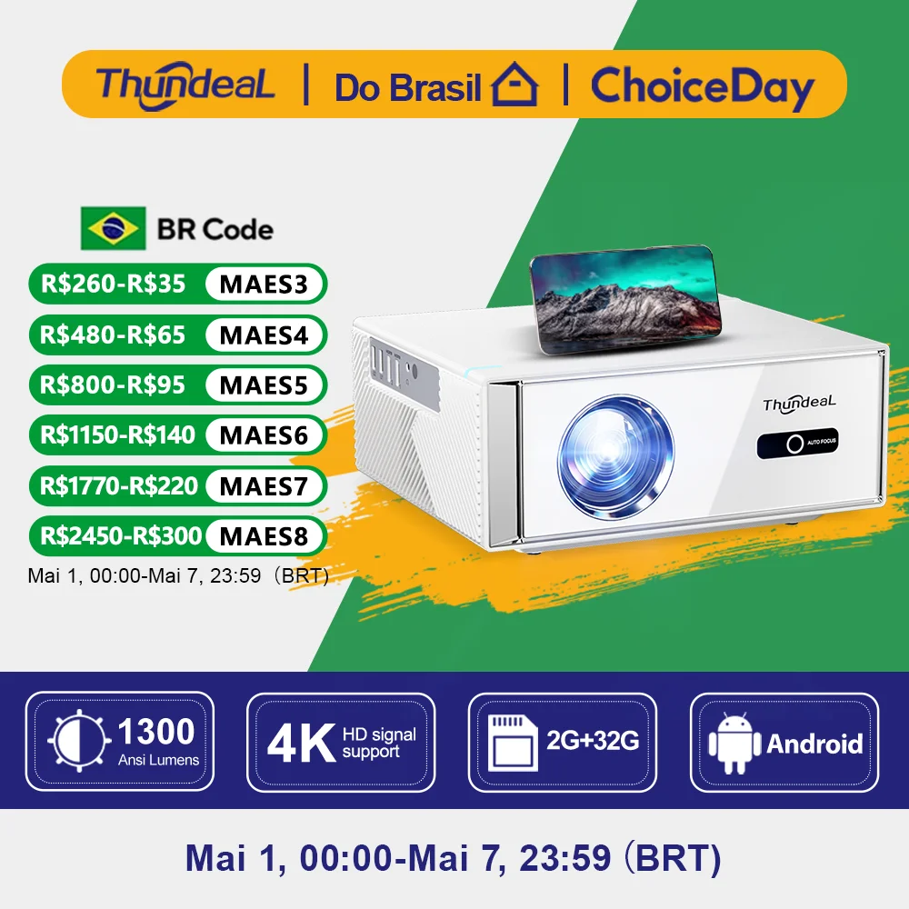 Projetor Android ThundeaL TD95W Full HD 1080P WiFi 2K 4K para Cinema em Casa, TV Inteligente Portátil, Vídeo, Filmes e Reuniões, Projetor LED TD95
