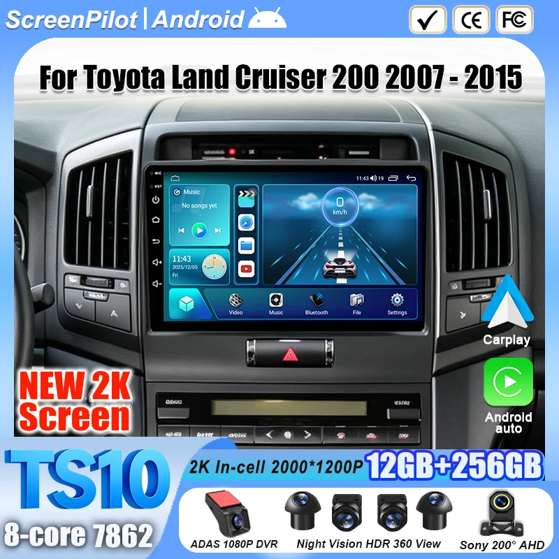 Android 16 For Toyota Land Cruiser 200 2007 - 2015 Car Radio Stereo Head Unit Multimedia Video Player 9 Inch 2K QLED 8 Core 5G