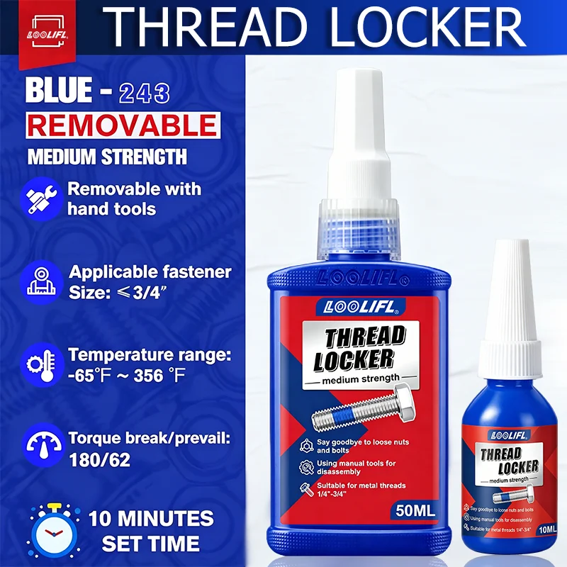 Lo0Lifl243 Blue Medium-Strength Removable Thread Locker 50ml, Anti-Vibration and Anti-Loosening Screw Locking Adhesive, Suitable for Metal Threaded Bolts and Nuts, Hand Tools, Quick Removal, Setting Time 10 Minutes, Te