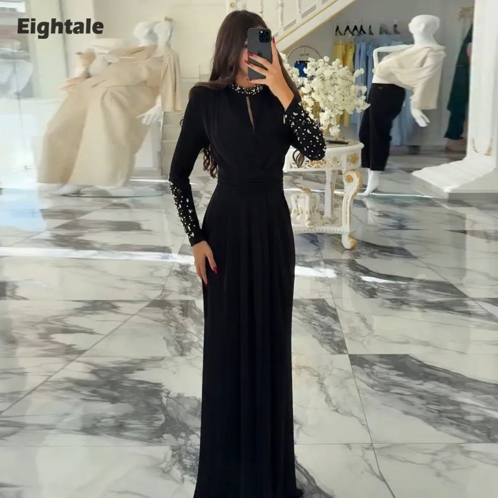 

Eightale Arabic Evening Dress Luxury Prom Gown Customized O-Neck Beaded Black Wedding Party Dress Mermaid Robes De Soirée