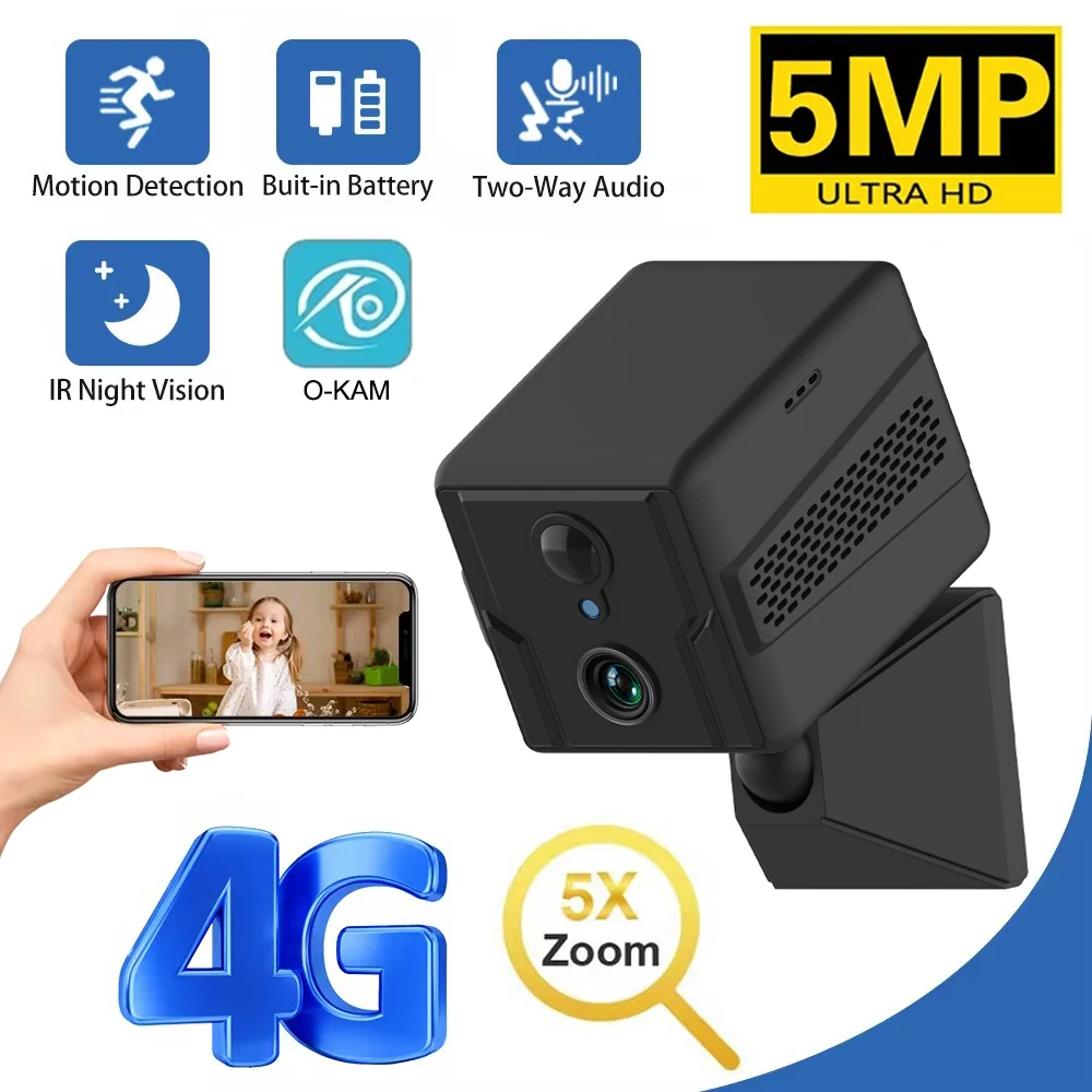 

4G Sim Card Mini Camera 5MP HD IP Camera 3000mAh Rechargeable Battery Low Power Consumption Voice Intercom CCTV Camera