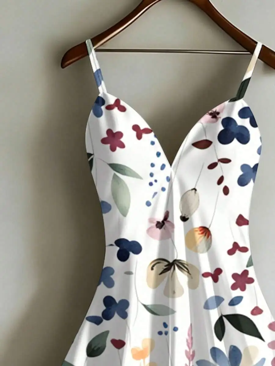 

Floral Print Summer Slip Dress Colorful Botanical Pattern V Neck Umbrella Shape For Beach Garden Party