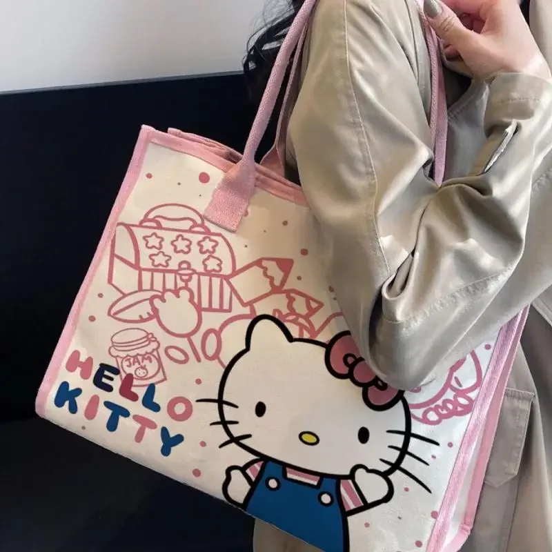 

Сумка через плечо Hello Kitty, парусиновая сумка для девочек, универсальная сумка на одно плечо, большая вместительная студенческая портативная тканевая сумка для женщин
