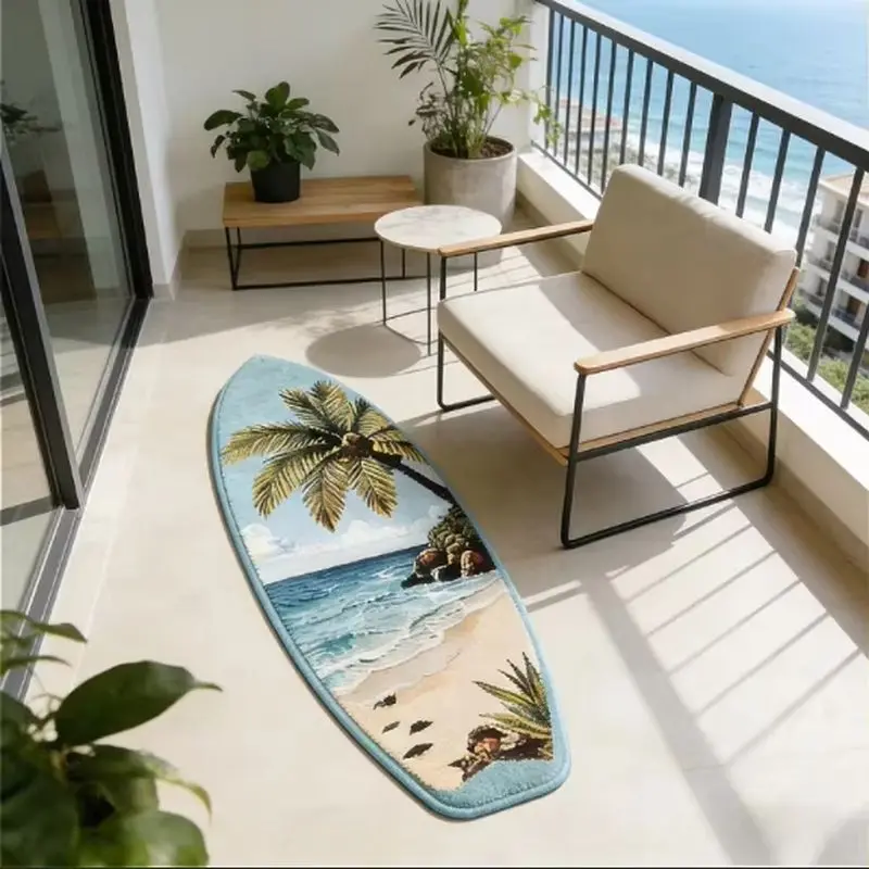 VIKAMA Summer Surfboard Plush Floor Mat Non‑Slip Washable Surf Style Rug For Bedroom Bedside Balcony Porch Indoor Home Decor