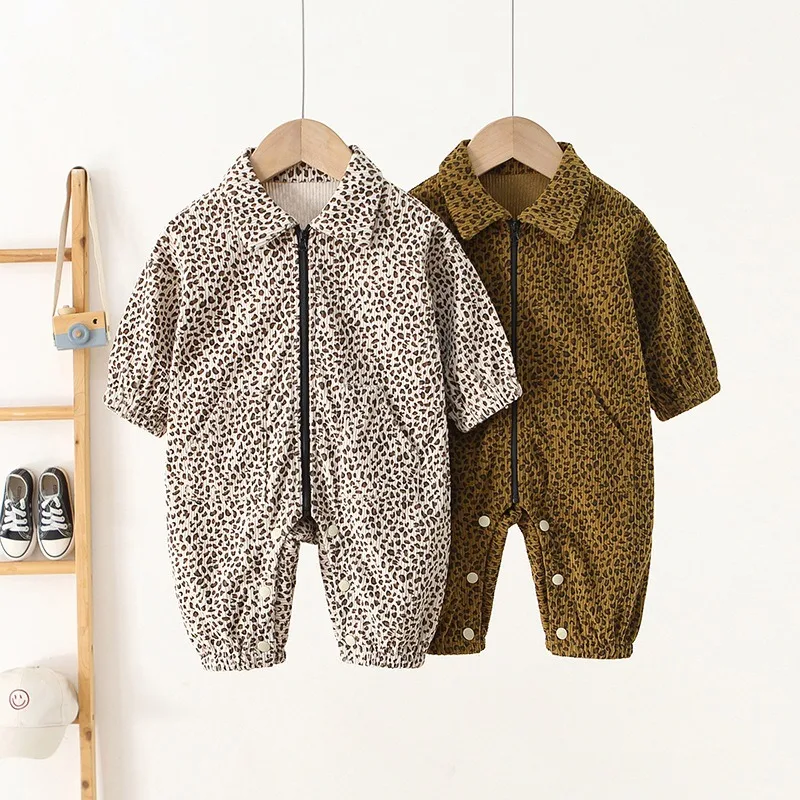 Baby Girls Boys Rompers 2025 Autumn Spring Korean Style Fashion Trendy Corduroy Leopard Print One Piece Bodysuit