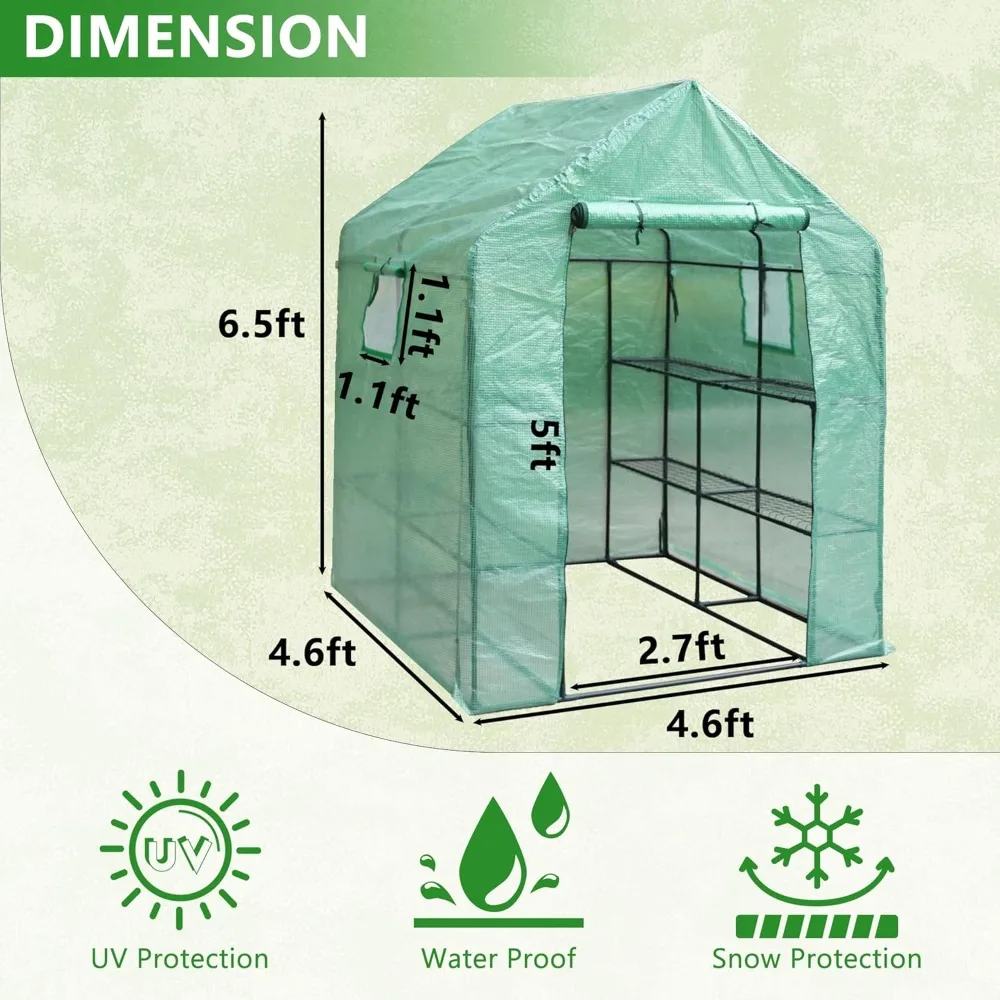 Portable Walk-in Greenhouse with Windows, Shelves and Anchors, Indoor Outdoor Greenhouse with Watering System,Zippered Door