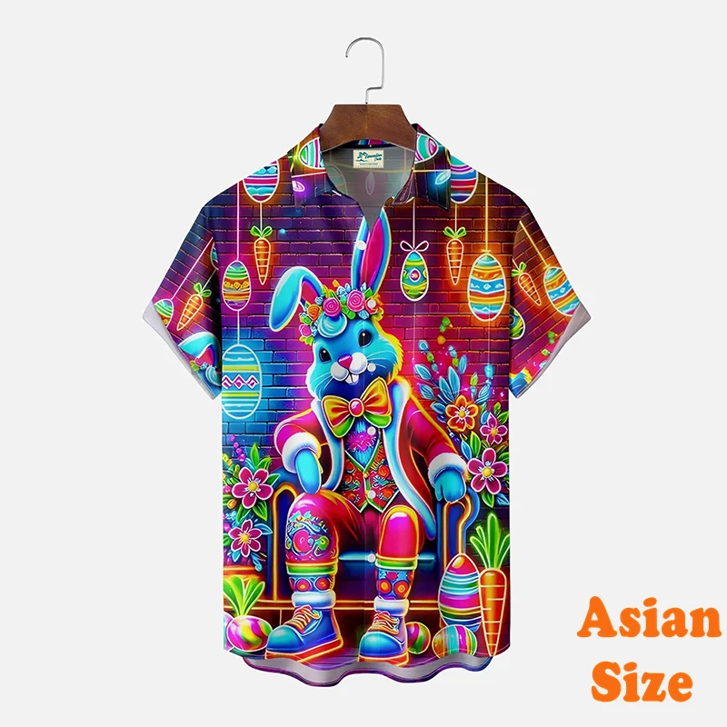 Harajuku Neon Bunny Print Shirts For Men Best Festival Gift Short Sleeve Shirts Happy Easter Colorful Egg Streetwear Tee Blouse