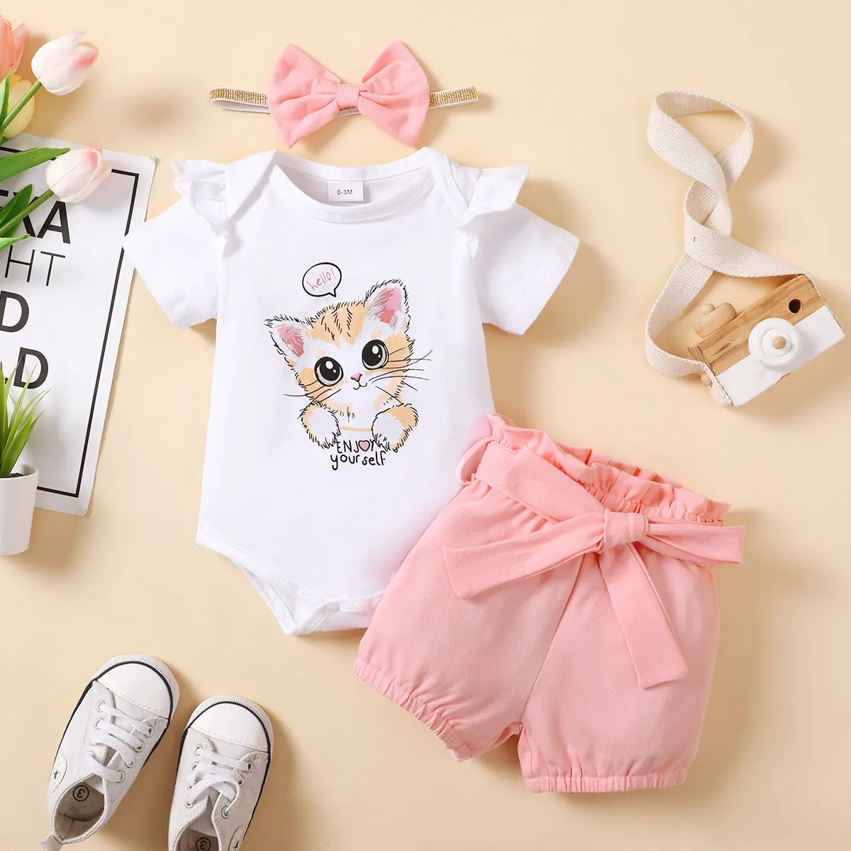 3PCS Newborn Baby Girl Clothes Set Short Sleeve Cute Kitten Bodysuit +Shorts+Headband Summer Outfit for Toddler Girl 0-18 Months