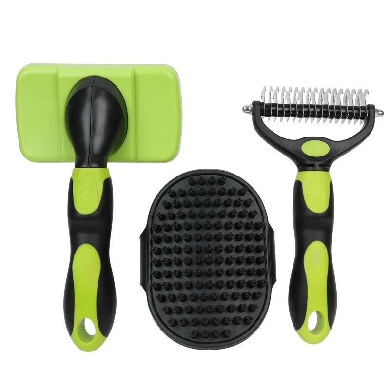 2026 3Pcs Pet Grooming Comb Set One Button Deshedding & Knotting Brush Massage Bath Brush For Dogs