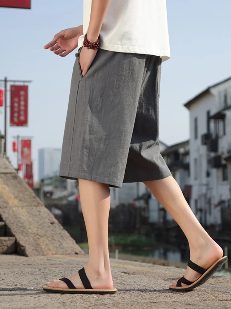 

Loose Linen Cotton Men's orts Summer Casual Wide Leg Pants Five-Point New Chinese Sle Faionable Youth Breathable Thin
