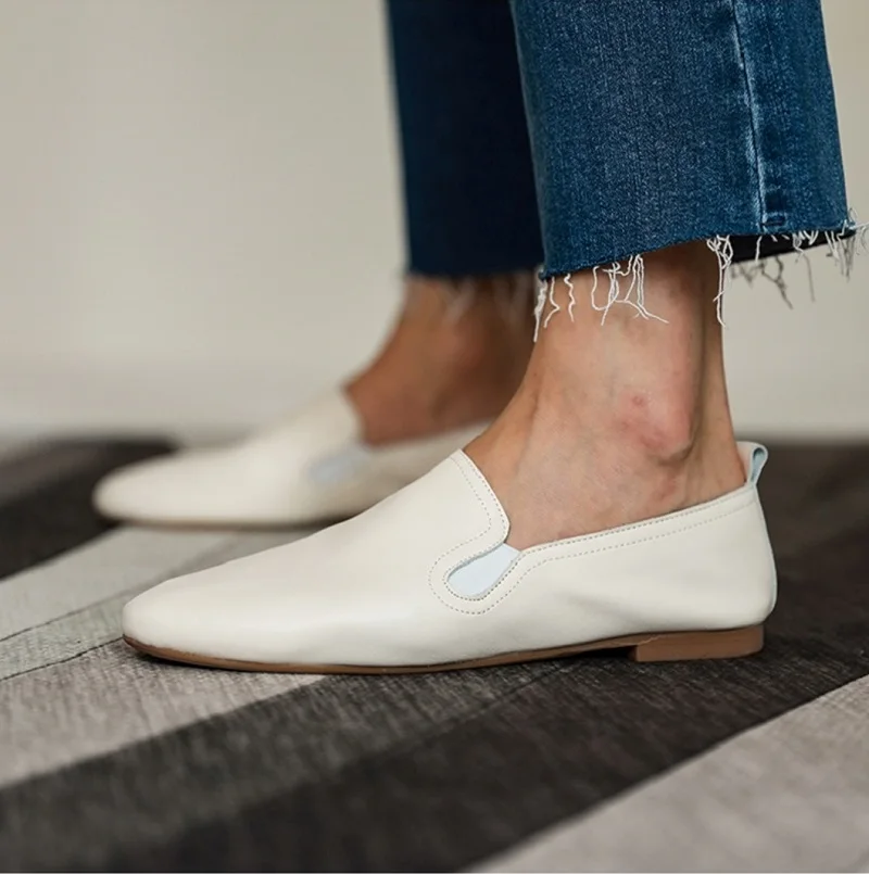 2022 Soft Genuine Leather Round Toe Flats Slip On Women Loafers Simple Style Daily Shoes Lady Mules Spring Autumn Women Flats