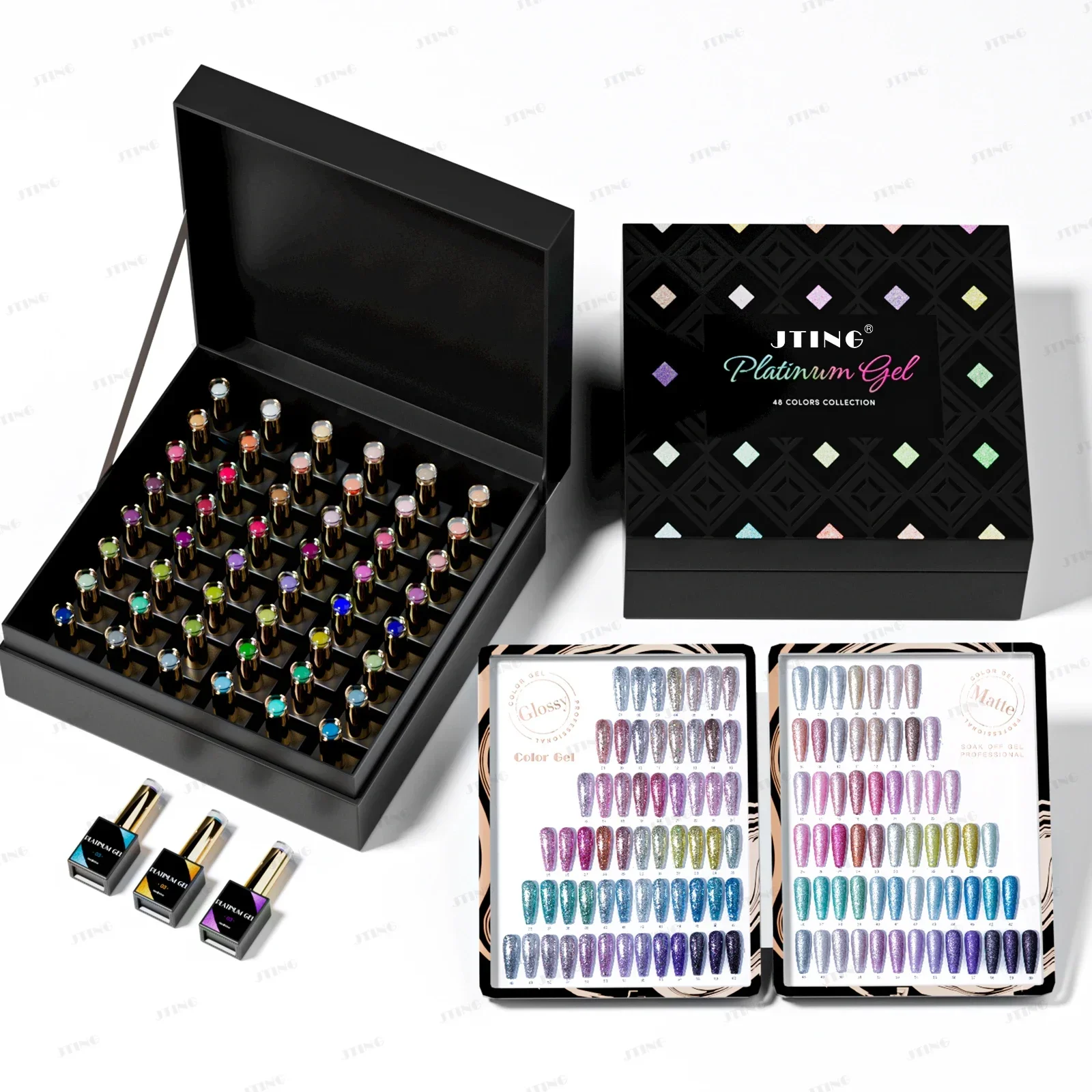 JTING Super popular nail trend 48colors glitter platinum gel nail polish set box kit collection with unique design color books