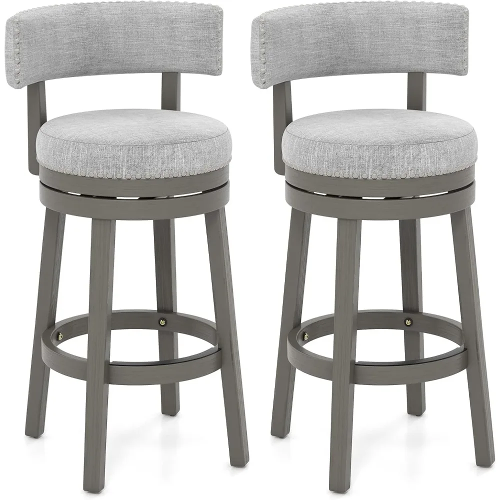 

Swivel Barstool with Upholstered Back & Seat, Solid Rubber Wood Legs & Round Footrest,Farmhouse Bar Height Chair for Home