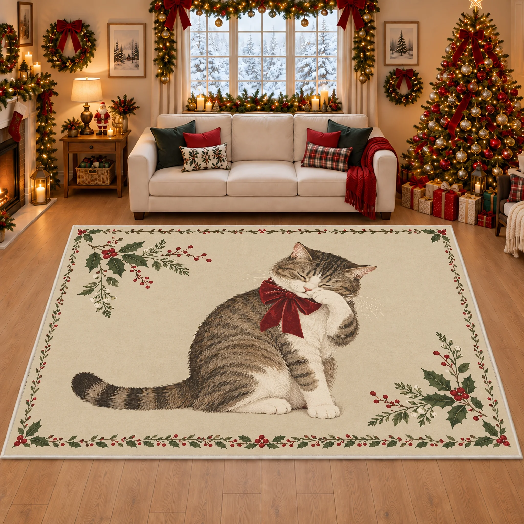 1pc Christmas Tabby Cat Red Bow Area Rug, 2D Flat Print, Indoor Floor Mat for Living Room, Xmas Home Decor