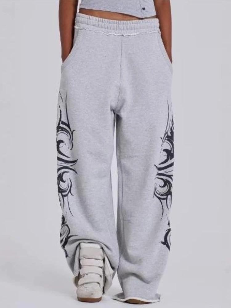 

HOUZHOU Casual Gray Print Sweatpants Women Vintage Hip-hop Baggy Sports Pants Harajuku Streetwear Straight Fashion Solid Pants
